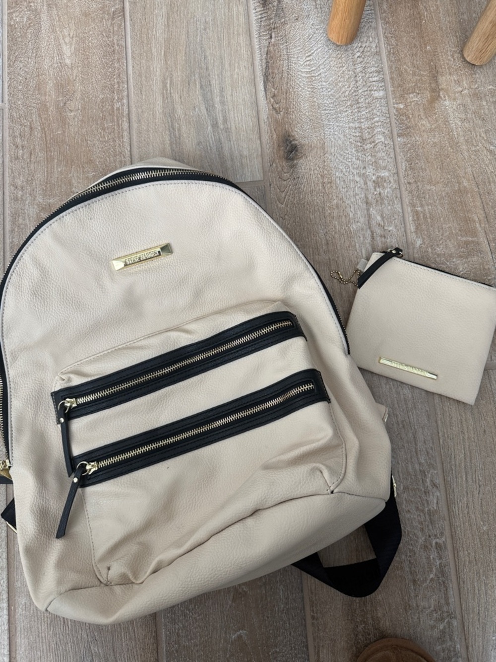 Steve Madden Cream Backpack with Black Trim and Coin Pouch